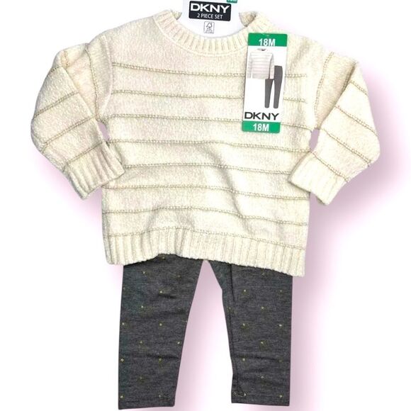 DKNY NEW Cream Sweater & Gray Leggings Set ~ Gold Accent Threads Polka Dots 18m - Picture 9 of 10